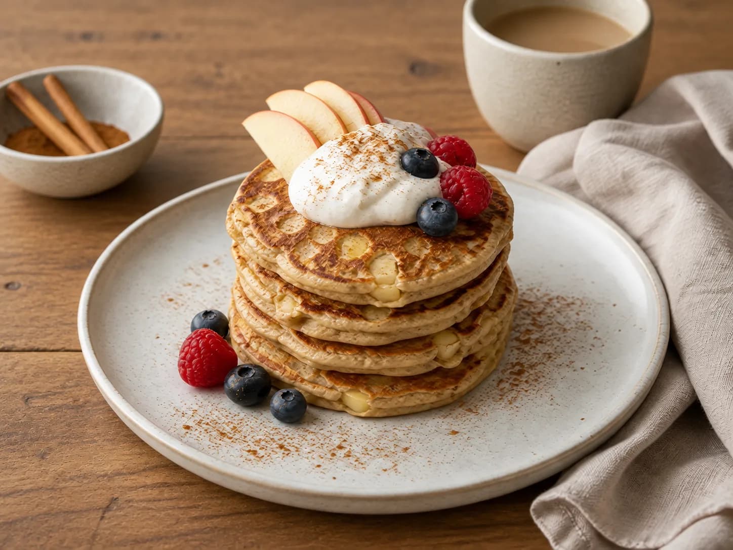 Apfel-Zimt-Protein-Pancakes mit Joghurt und Beeren