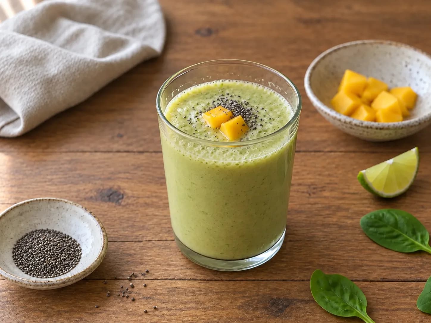 Cremiger grüner Mango-Smoothie mit Limette und Chiasamen