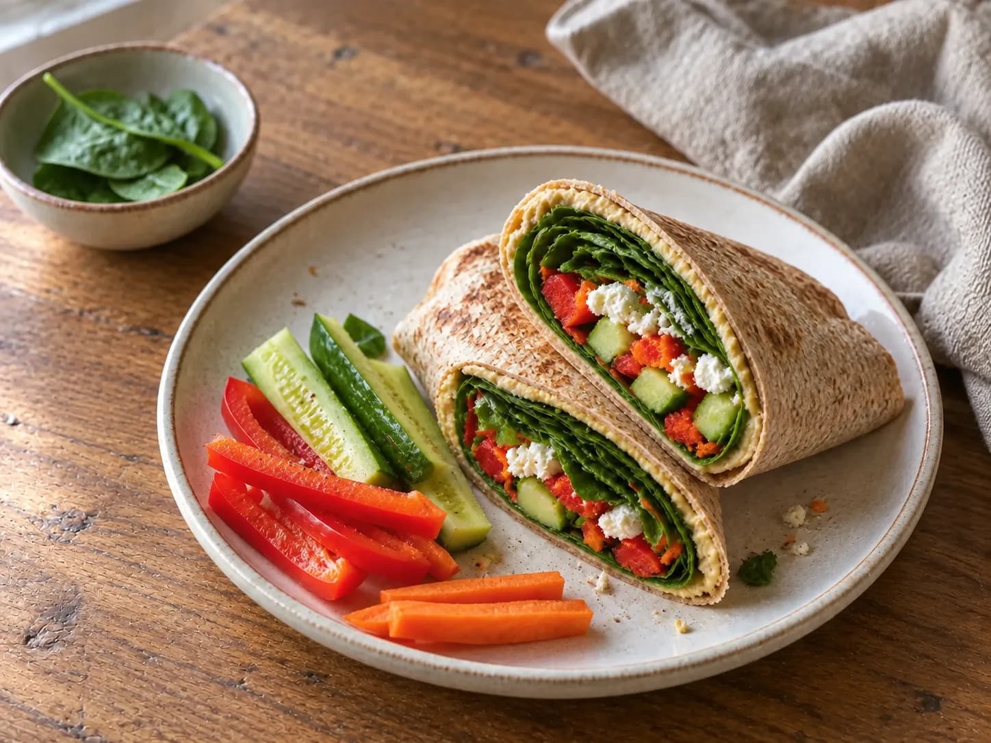 Knuspriger Hummus-Wrap mit Gemüse und Feta