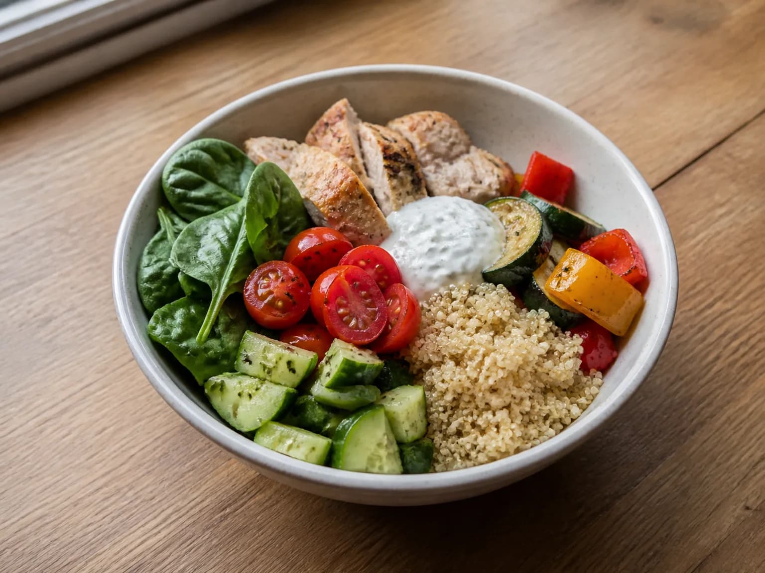 Mediterrane Bowl mit Zitronenhähnchen, Quinoa und Ofengemüse