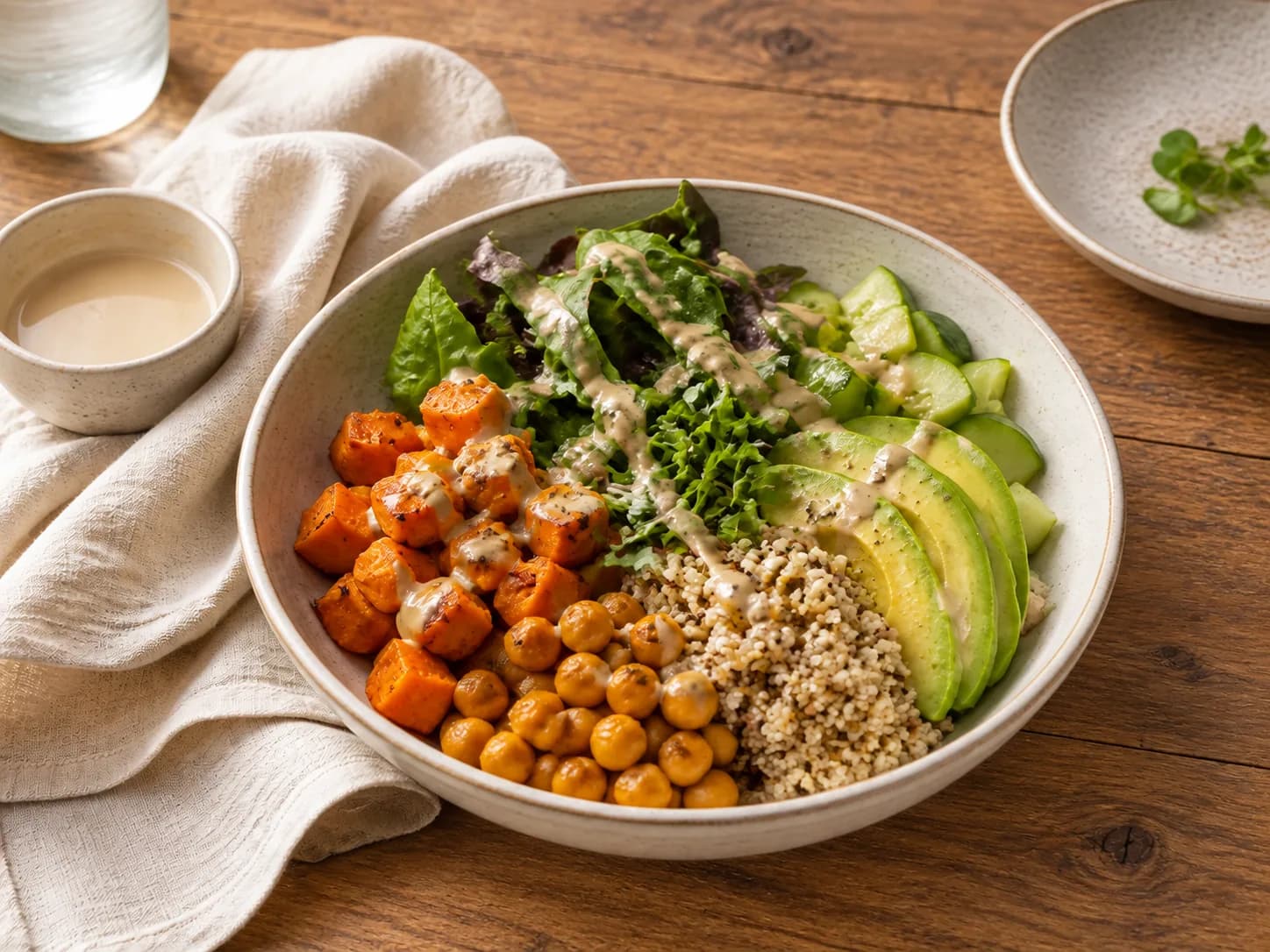 Bowl mit Süßkartoffel, Kichererbsen, Quinoa, Avocado und Tahini