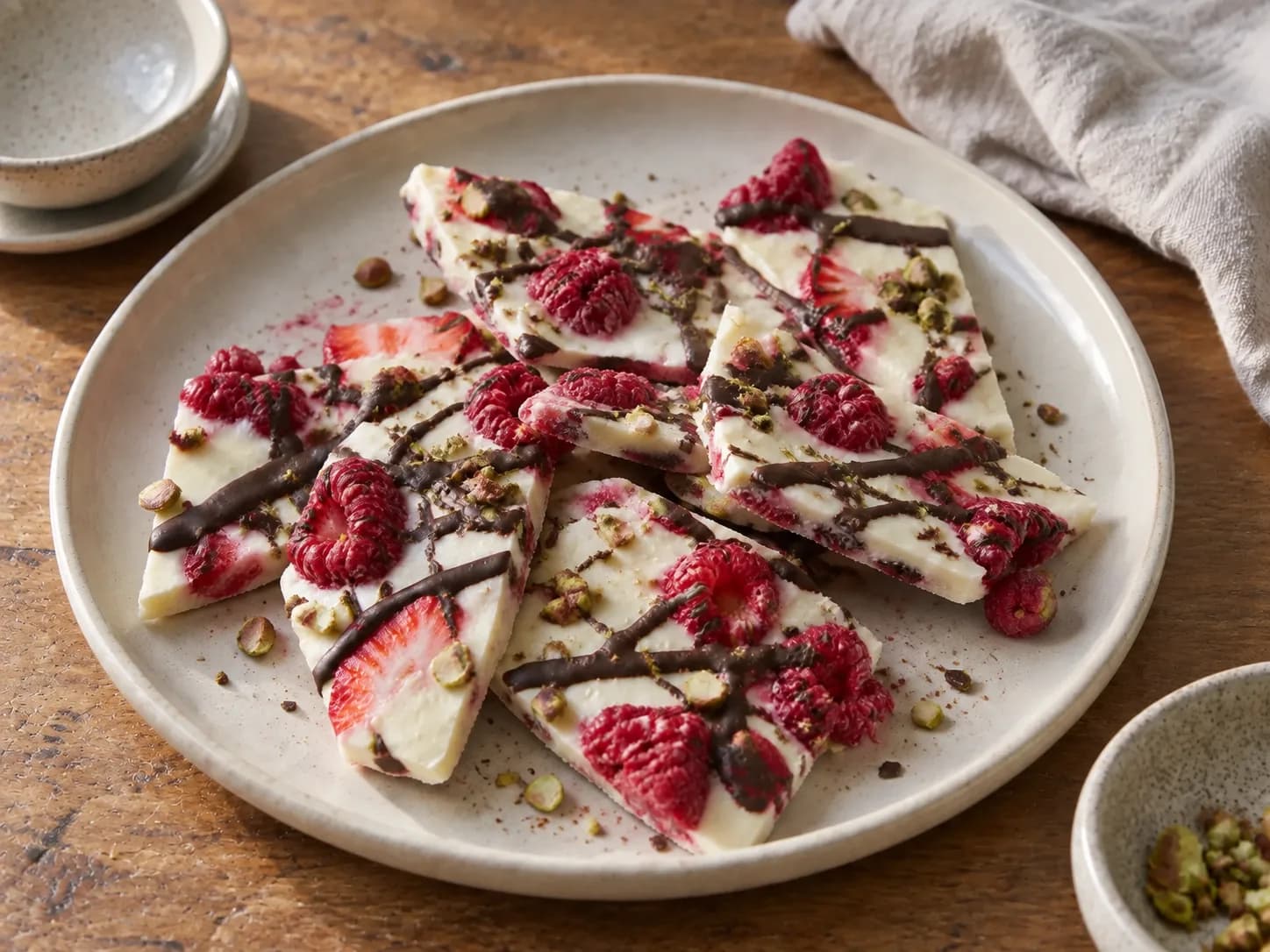 Gefrorener Joghurt-Bark mit Beeren, dunkler Schokolade und Pistazien