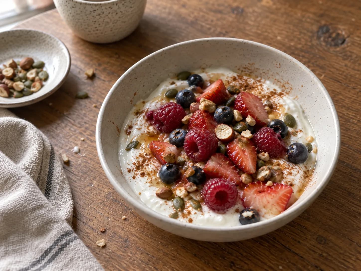 Griechischer Joghurt mit frischen Beeren, Nüssen und Kürbiskernen